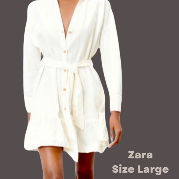 Zara Dresses & Skirts - Zara | Large White Button up dress with belt and ruffle | FINAL PRICE
